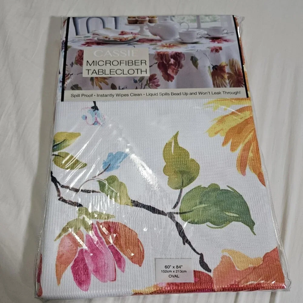 Microfiber Tablecloth Linen 60x84 Oval Cassie Floral White Yellow Waterproof